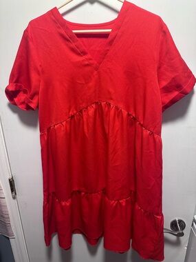 SHEIN Red V-Neck Tiered Babydoll Dress new
